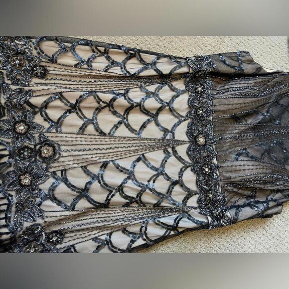 SUE WONG Black & nude beaded, sequin ostrich feather dress - Picture 5 of 9